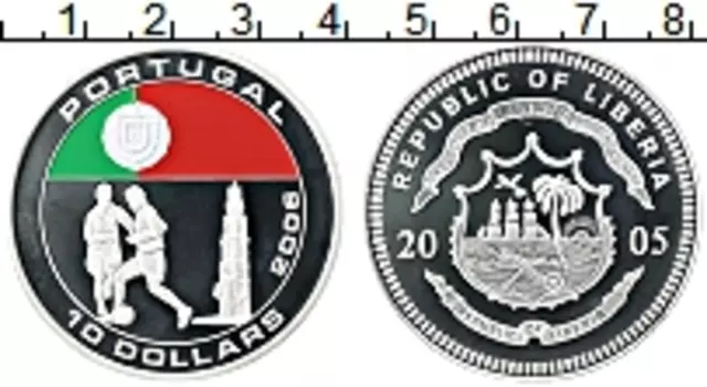 Монета 10 долларов Либерии 2005 года Серебро Чемпионат мира по футболу
