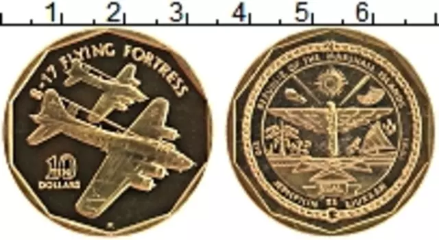Монета 10 долларов Маршалловых островов 1991 года Латунь Самолёт B17 FLYING FORTRESS