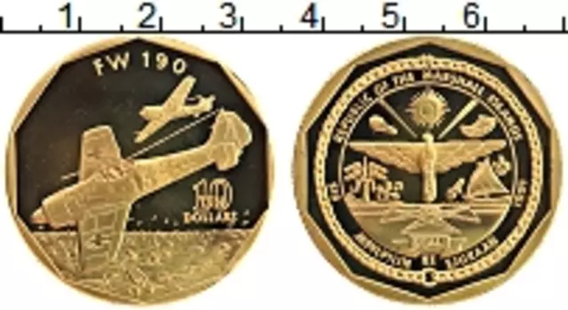 Монета 10 долларов Маршалловых островов 1991 года Латунь Самолёт FW 190
