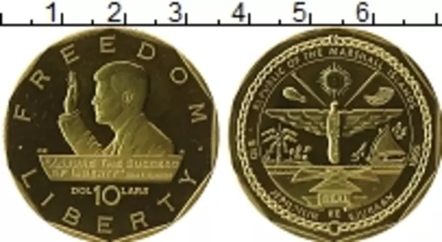 Монета 10 долларов Маршалловых островов 1995 года Латунь Джон Кеннеди