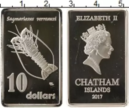 Монета 10 долларов Новой Зеландии 2017 года Посеребрение UNUSUAL, Остров Чатем, лангуст, Елизавета II