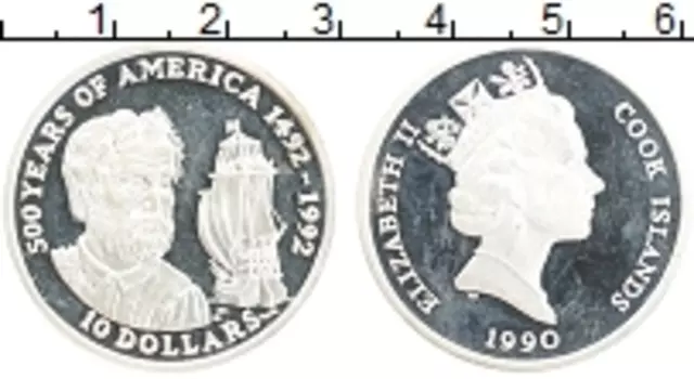 Монета 10 долларов Островов Кука 1990 года Серебро 500 лет открытия Америки