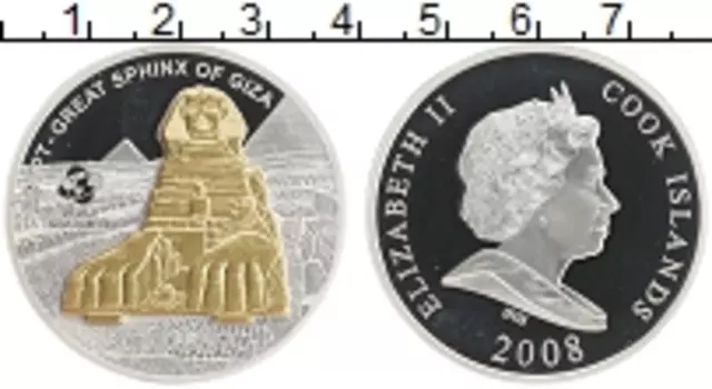 Монета 10 долларов Островов Кука 2008 года Серебро Мировые памятники - Большой сфинкс, Египет