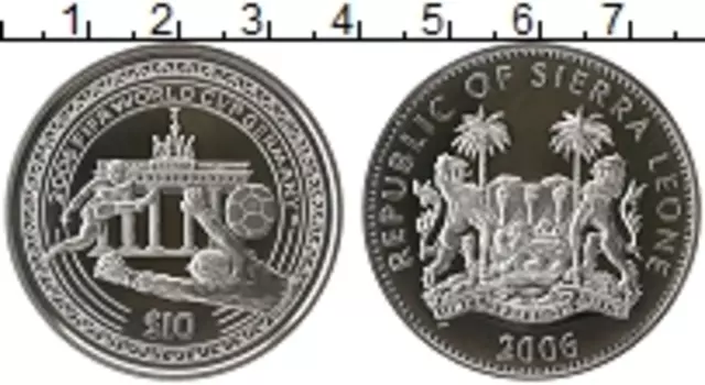 Монета 10 долларов Сьерры-Леоне 2006 года Серебро Чемпионат Мира по футболу в Германии 2006 г