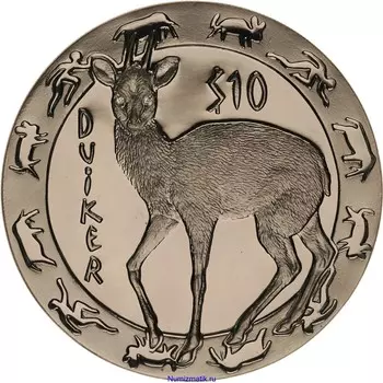 Монета 10 долларов Сьерры-Леоне 2008 года Серебро Ночные животные, DUIKER