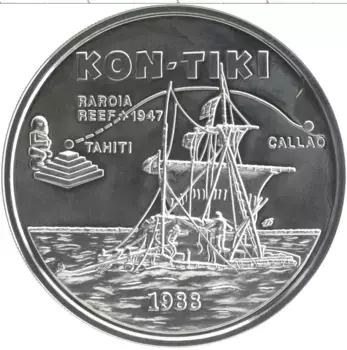 Монета 10 долларов Самоа 1988 года Серебро Кон-Тики