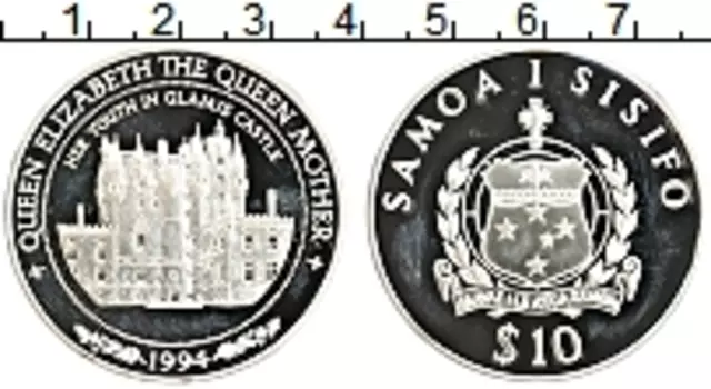 Монета 10 долларов Самоа 1994 года Серебро Замок королевы Елизаветы