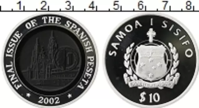 Монета 10 долларов Самоа 2002 года Серебро Введение Евро, Последний выпуск Испанской песеты
