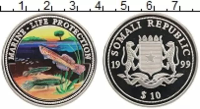 Монета 10 долларов Сомали 1999 года Медно-никель Защита морской жизни