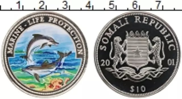 Монета 10 долларов Сомали 2001 года Медно-никель Защита морской жизни