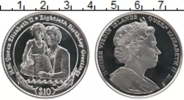 Монета 10 долларов Виргинских островов 2006 года Серебро 80 лет королеве Елизавете II
