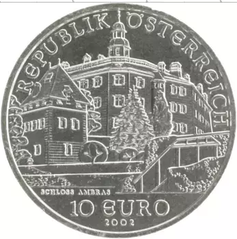 Монета 10 евро Австрии 2002 года Серебро Дворец Амбрас