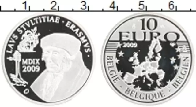 Монета 10 евро Бельгии 2009 года Серебро 500 лет книги Эрзама Роттердамского