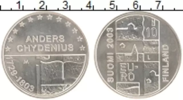 Монета 10 евро Финляндии 2003 года Серебро 200 лет со смерти Андерса Чюдениуса