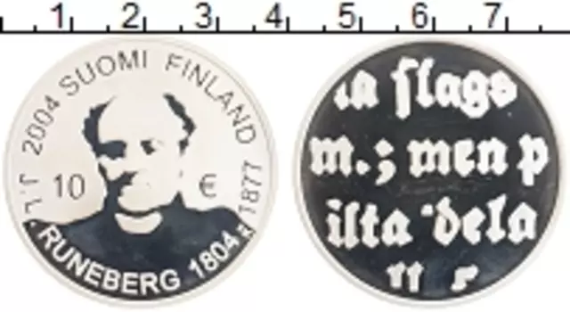 Монета 10 евро Финляндии 2004 года Серебро 200 лет со дня рождения Йохана Рунеберга