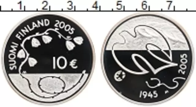 Монета 10 евро Финляндии 2005 года Серебро 60 лет окончания II-ой мировой войны