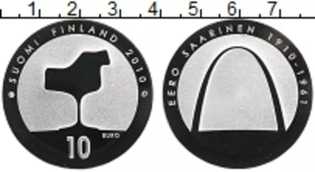 Монета 10 евро Финляндии 2010 года Серебро 100 лет со дня рождения Ээро Сааринена