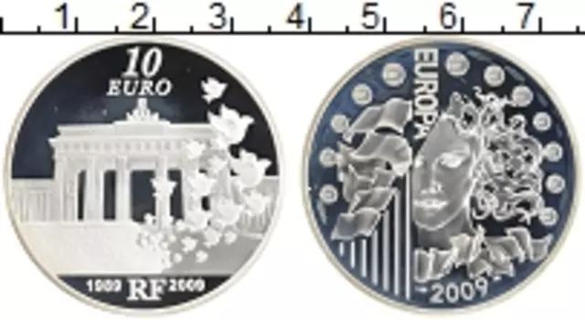 Монета 10 евро Франции 2009 года Серебро 20 лет объединения Германии