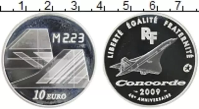 Монета 10 евро Франции 2009 года Серебро 40 лет первому пробному полету самолета Конкорд