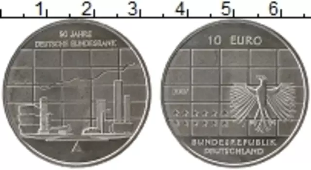 Монета 10 евро Германии 2007 года Серебро 50 лет Немецкому федеральному банку (J)