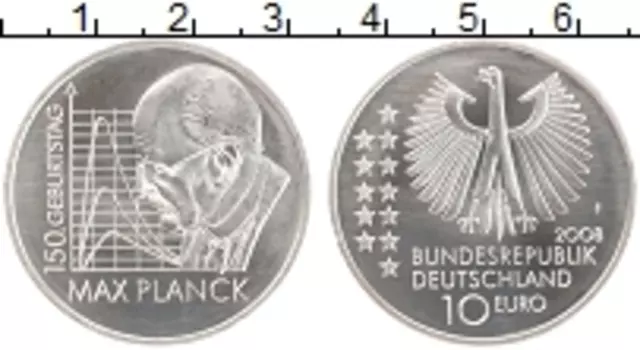 Монета 10 евро Германии 2008 года Серебро F 150 лет со дня рождения Макса Планка