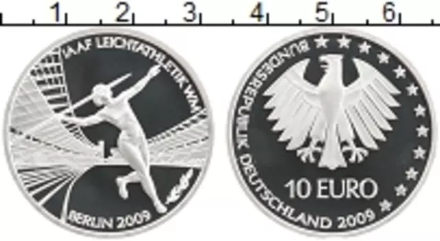 Монета 10 евро Германии 2009 года Серебро Чемпионат мира по легкой атлетике в Берлине