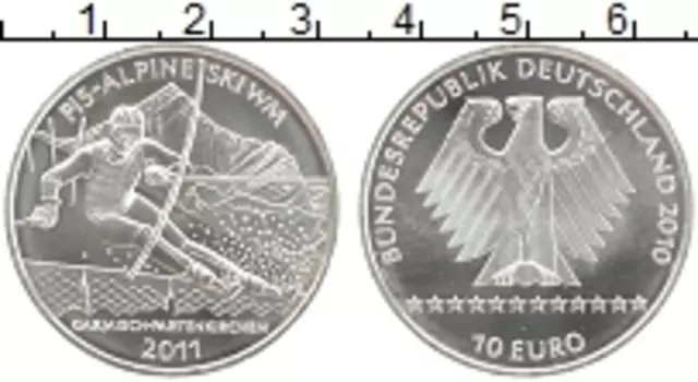 Монета 10 евро Германии 2010 года Серебро Чемпионат мира по горнолыжному спорту в Гармиш-Партенкирхене