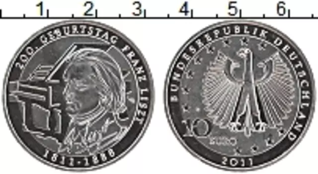 Монета 10 евро Германии 2011 года Серебро 200 лет со дня рождения Франца Листа