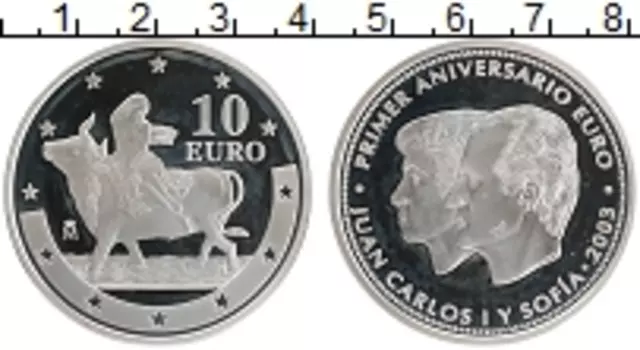 Монета 10 евро Испании 2003 года Серебро Годовщина обращения евро