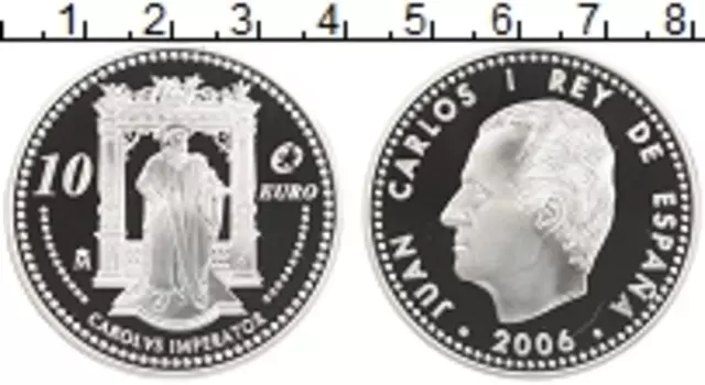 Монета 10 евро Испании 2006 года Серебро 450 лет со дня смерти Карла V