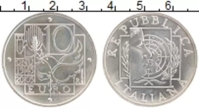 Монета 10 евро Италии 2005 года Серебро 60 лет ООН