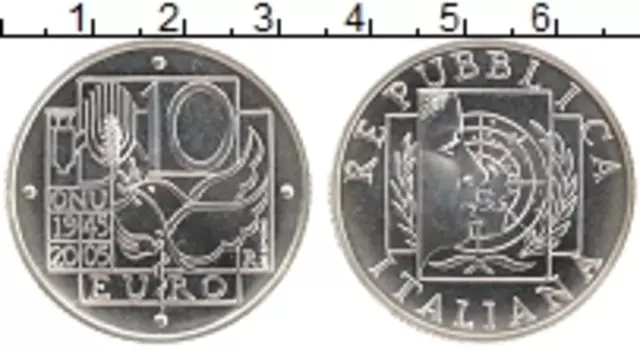 Монета 10 евро Италии 2005 года Серебро 60 лет ООН