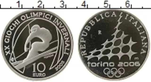 Монета 10 евро Италии 2005 года Серебро XX Зимние Олимпийские игры в Турине 2006 г