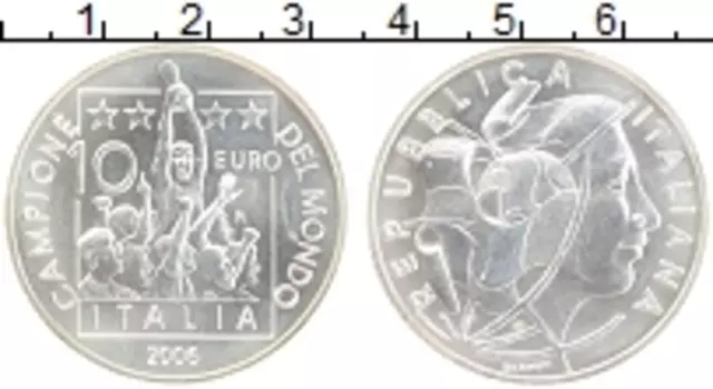 Монета 10 евро Италии 2006 года Серебро Чемпионат мира по футболу 2006