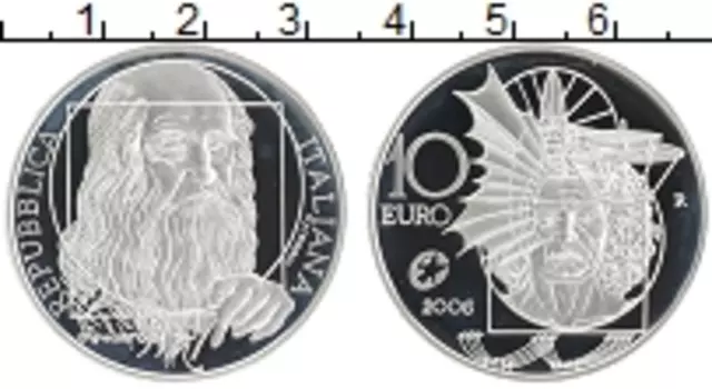 Монета 10 евро Италии 2006 года Серебро Леонардо Да Винчи