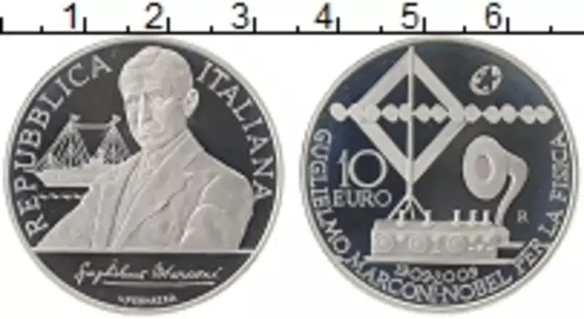 Монета 10 евро Италии 2009 года Серебро !00 лет радио