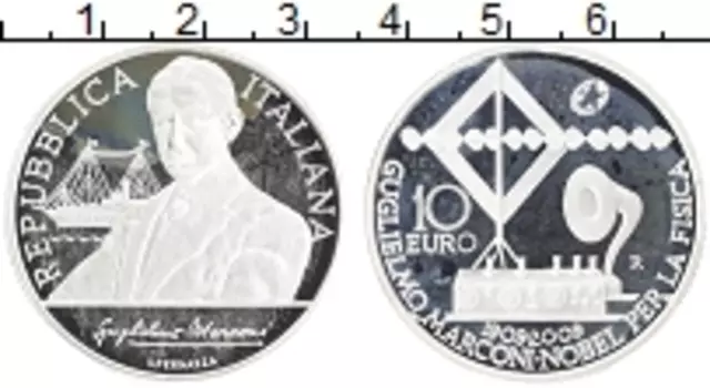 Монета 10 евро Италии 2009 года Серебро 100 лет получения нобелевской премии Гульельмо Маркони