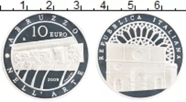 Монета 10 евро Италии 2009 года Серебро Абруццо в искусстве/