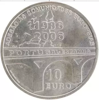 Монета 10 евро Португалии 2006 года Серебро 20 лет присоединения Испании и Португалии к ЕС