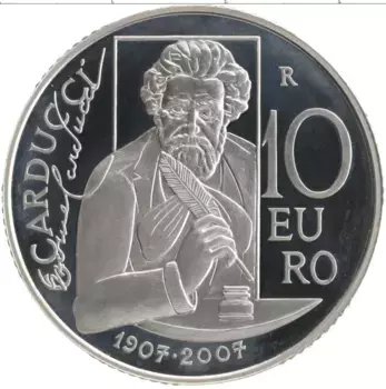 Монета 10 евро Сан-Марино 2007 года Серебро 100 лет со дня смерти Джозуэ Кардуччи