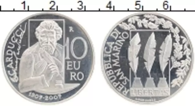 Монета 10 евро Сан-Марино 2007 года Серебро 100 лет со дня смерти Джозуэ Кардуччи