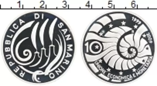 Монета 10 евро Сан-Марино 2009 года Серебро 10 лет Евросоюзу