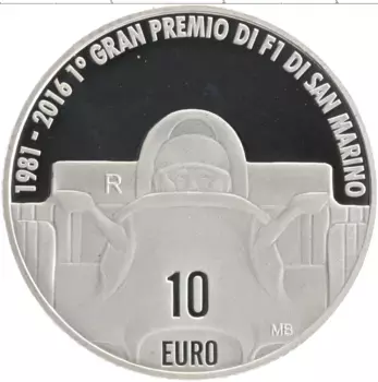 Монета 10 евро Сан-Марино 2016 года Серебро 35 лет гран-при Формулы-1 в Сан-Марино