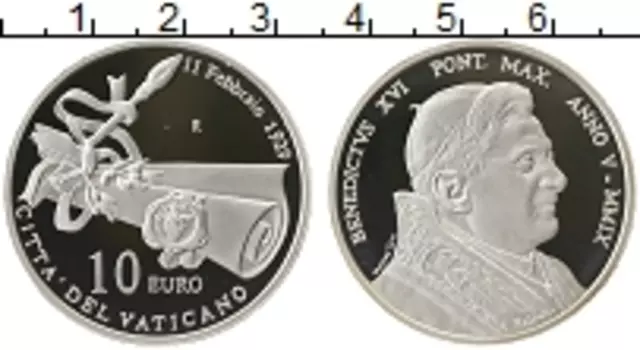 Монета 10 евро Ватикана 2009 года Серебро 80 лет Государства-города Ватикан