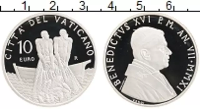 Монета 10 евро Ватикана 2011 года Серебро 60 лет священного рукоположения папы римского Бенедикта XVI