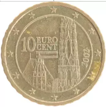 Монета 10 евроцентов Австрии 2002 года Латунь