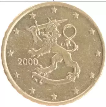 Монета 10 евроцентов Финляндии 2000 года Латунь
