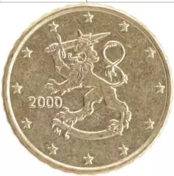 Монета 10 евроцентов Финляндии 2000 года Латунь