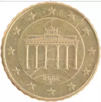 Монета 10 евроцентов Германии 2002 года Латунь Бранденбургские ворота A