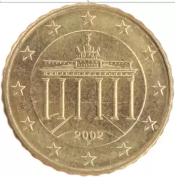 Монета 10 евроцентов Германии 2002 года Латунь Бранденбургские ворота F